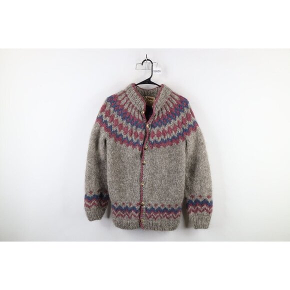 VINTAGE 70s MENS WOOL COWICHAN GRAPHIC KNIT ROCKABILLY CARDIGAN 44” L